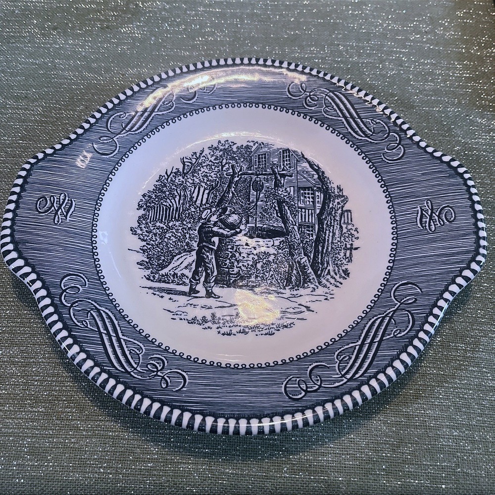 Vintage Currier and Ives Blue Tab Handle Underplate 8 Inch
